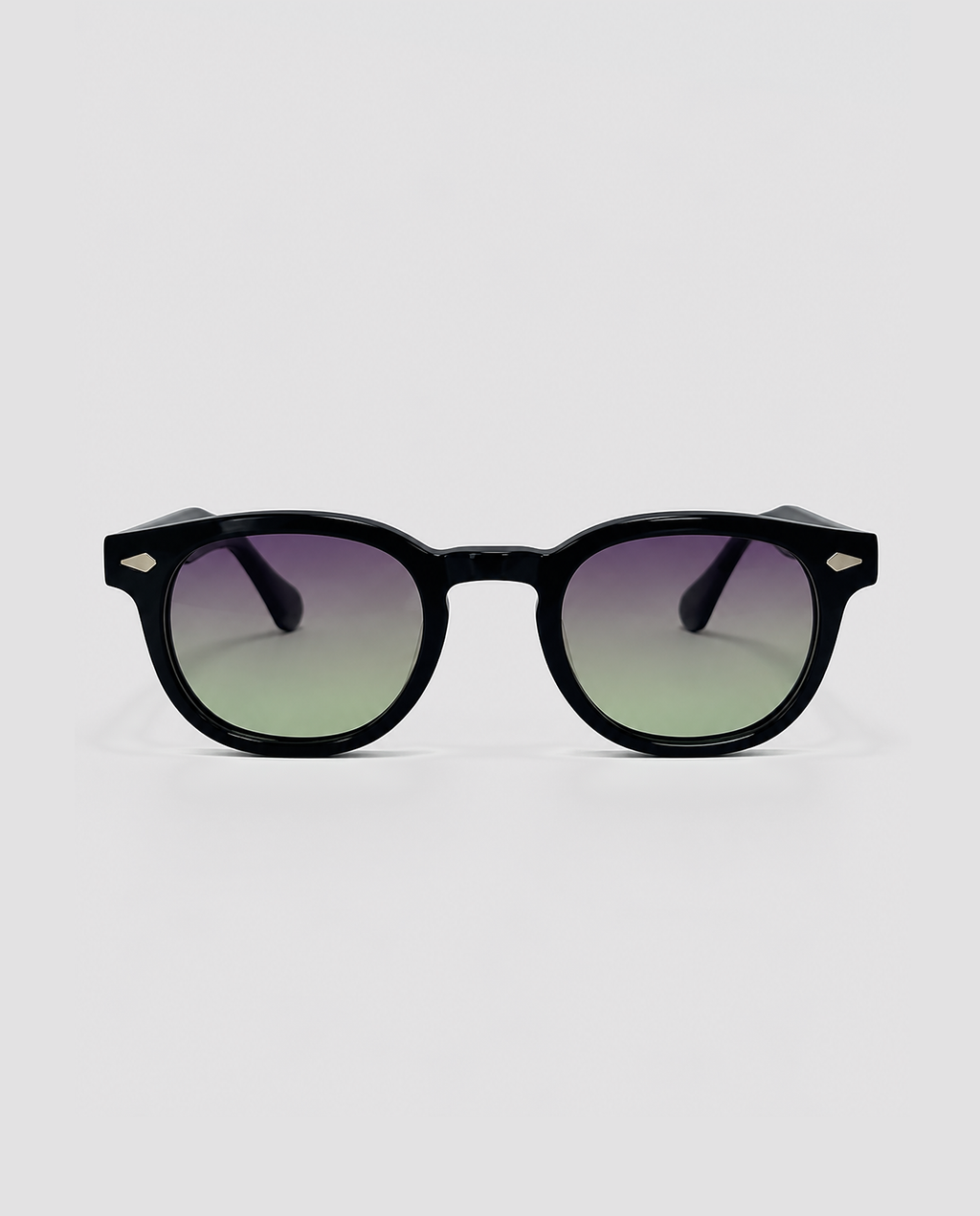 lentes de sol freddi jungle, acetato negro con lente degradado morado a verde, vista de frente